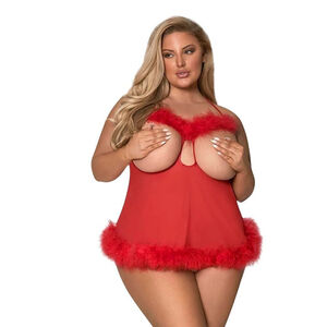 NEW LINGERIE PLUS SIZE 1-3X CUPLESS CROTCHLESS BABYDOLL SET MAGIC SILK RED QUEEN